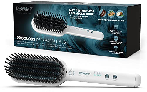 REVAMP Deepform Ceramic Straightening Brush - Hair Straightening Paddle Hot Brush, Ionic Technology, Extra Long Heated Bristles for Frizz Free Hair, Oil Infused for Salon Professional Shine, White