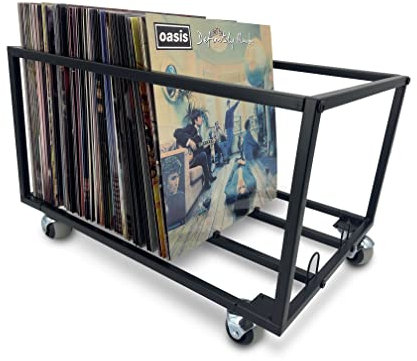 Schallplatten-Halter auf Rädern – für bis zu 100 LP – Albumhalter – Vinyl-Schallplatten-Organizer – stabile Metallstruktur (glatt schwarz), Schwarz , Modern