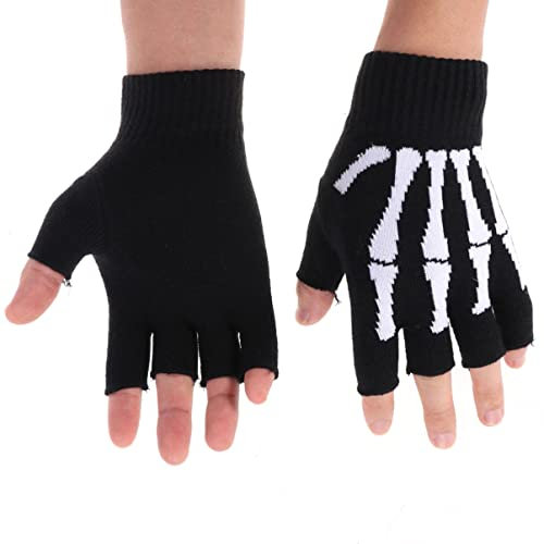 VALICLUD Halloween Skeletthandschuhe Fingerlose Schädelhandschuhe Männer Gothic Handschuhe Cosplay Skelett Hand Halloween Neuheit Schädelhandschuhe