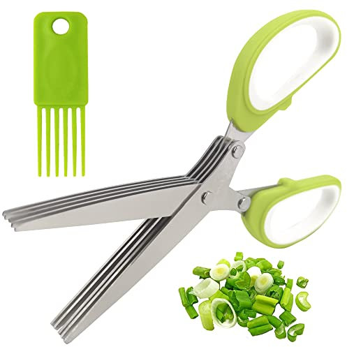 Forbici per Erbe da Cucina,Forbici a Cinque Strati Forbici a Base di Erbe con pettine per lapulizia Manico Antiscivolo,per Erbe Aromatiche e Spezie(Verde)