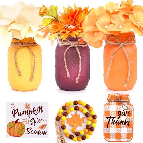 Thanksgiving Decorations Mason Jar, Farmhouse Harvest Thanksgiving Table Decor for Centerpieces, Dining Table Centerpiece, Living Room Table Decor, Thanksgiving Centerpieces with Flowers Decoration