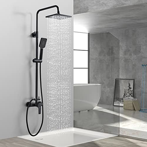 kisimixer Sistema Columna de Ducha Negro, Altura Regulable 80-120cm, Conjunto Completo con Grifo Monomando + Lluvia y Ducha de Mano Cuadrada + Manguera 1.5 m (FY-TZ-01)
