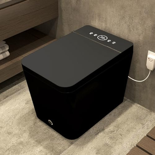 Fiokaosn Black Smart Bidet Toilet for Bathroom with Remote Control, Tankless Toilet with Foot Touching Lid Opening, Auto Lid Closing and Flushing, Heated Seat, Digital Display, Black