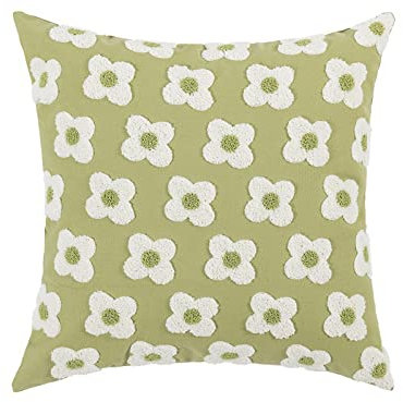 VanderHOME Housse de Coussin Velours Taie d'oreiller colorée décorative texturée brodée avec Franges Housse d'oreiller à Pompons Canapé de Salon 45*45cm Broderie de Serviette-Petite Fleur Verte