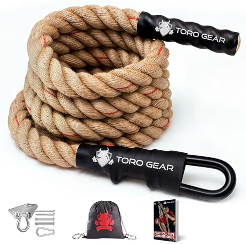 TORO GEAR | 38 Millimeter Juteseil zum Klettern, 3-6 Meter | Kletterseil mit Karabinerhaken und Aufhänger für Crossfit, Fitness, Fitnessstudios und Feuerwehrtraining (38 mm X 5,5 m)