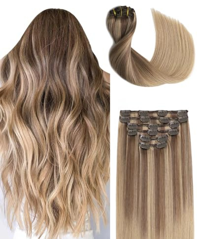 Sindra Clip in Extensions Echthaar Balayage Ashblond bis Bleach Blonde Human Hair 35cm 100g 6pcs Haarverlängerung Clip in Natürliche Remy Echthaar Extensions C#10/16/16 14 Zoll