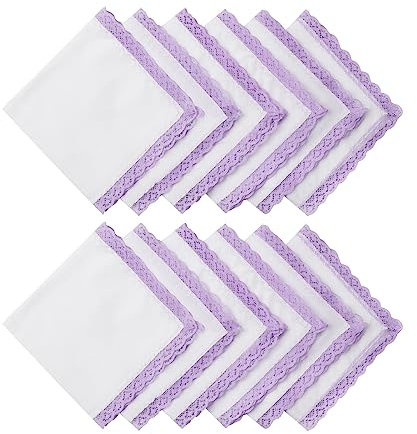 HOULIFE Taschentücher Hochzeit – Kleine Stofftaschentücher Damen, Taschentuch Hochzeit aus Gekämmte Baumwolle Weich Bunt Stickereien mit Spitzen, 12 Stücke, 25x25cm, Hellviolett
