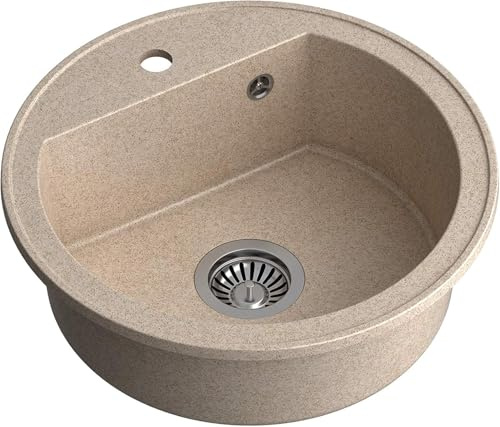 QUADRON Spülbecken Rund Spüle Küche | Größe 51 x 51 x 18 cm, Durchmesser Ø 43, Beige & Stahl | JOHNNY 210 Granit Granitspüle | Einbauspüle mit Hahnloch | Einbeckenspüle Küchenspüle
