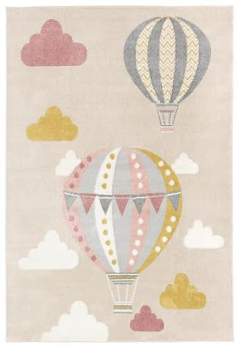 RugVista Balloon Ride Kinderteppich, 160 x 230 cm, Beige/Rosa | Moderne, Kinder, Rechteckig, Niedriger Stapel, Nur chemische Reinigung, Oeko-Tex 100, Ohne gefährliche Chemikalien