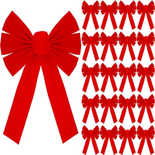 Hoteam 24 Stück große rote Weihnachts-Samtschleifen, 25,4 x 40,6 cm, grüne Weihnachtskranz, hängende Schleife, Weihnachtsbaumspitze, Schleife für Innen- und Außenbereich, Dekoration, Verpackung,