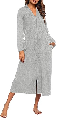 Ekouaer Women Zipper Robe Long Sleeve Loungewear Lightweight Housecoat Full Length Nightgown with Pockets (Gray, X-Large)