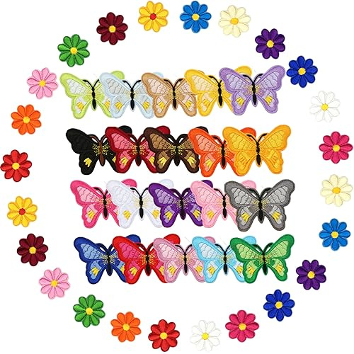 42 Stück Bügelflicken, zum Aufbügeln, Blumen und Schmetterlinge, bestickt, zum Aufbügeln, für Stoffe, Stickerei, Kinder, Stoff, Jeans, T-Shirts, Rucksäcke, Hüte, Jacken