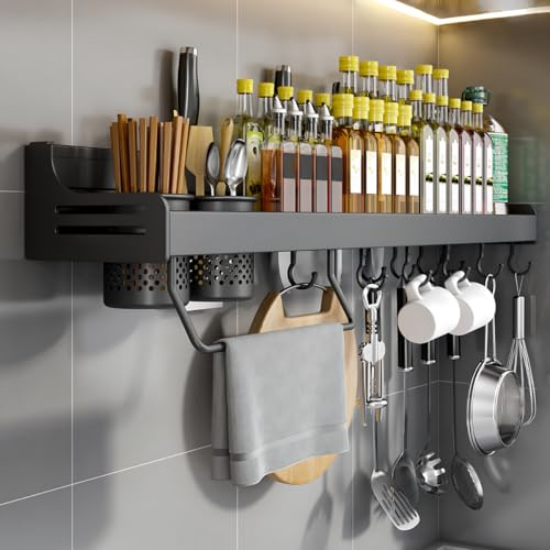 Hovoto Gewürzregal, Gewürzregal Hängend, GewürzregaleKüchenregal wand ohne Bohren, Gewürz Organizer mit Messerschlitz, Haken, Becher, Küchenregal Wand für Gewürze, Schwarz, 80cm