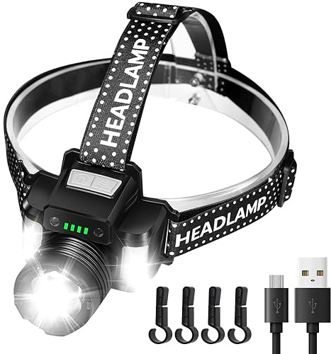 Darkbeam LED-pannlampa med 2000 lumen, uppladdningsbar, USB, superljus, ficklampa för skyddshjälm med rött och blått ljus, rörelsesensor, justerbart fokus, vattentät, bra för camping och bilunderhåll