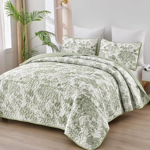 WONGS BEDDING Botanical Quilt Set Queen Size, Sage Green 3 Pieces Toile Floral Plants Printed Bedspread Bedding Set Soft Lightweight Microfiber Coverlet Set for All Season (96x90)