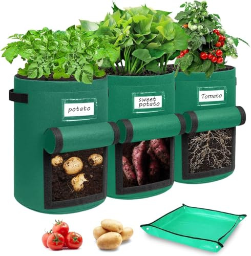Airminti 3 bolsas de cultivo de patatas de 50 l, 13 galones, tela no tejida, saco de patatas con solapa visible, maceta de tela reutilizable para patatas, tomates, verduras, flores