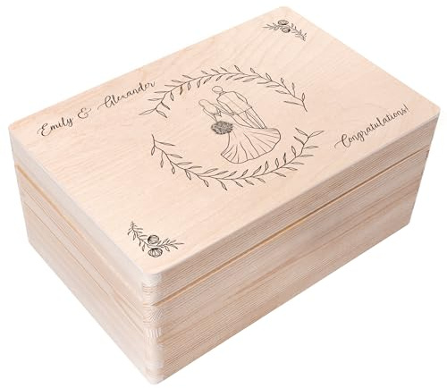 Creative Deco Geschenk zur Hochzeit | Erinnerungsbox Hochzeit | Personalisiert Geschenkkiste für Brautpaar JGA | Pärchen Hochzeit Motiv | Holzkiste mit Deckel | Farbdruck | 30 x 20 x 14 cm