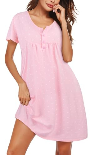 Chemise de Nuit en Coton Doux pour Femme à Manches Courtes Col U avec Ouverture à Boutons Nuisette Décontractée Confortable Ample Classique Tenue de Nuit d'Été Rose à Pois L