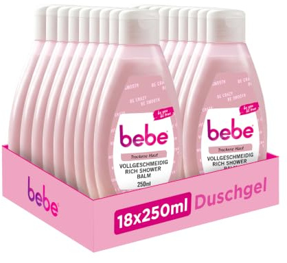 bebe Vollgeschmeidig Rich Shower Balm, 18 x 250 ml | Cremiges & feuchtigkeitsspendendes Hautpflege Duschgel mit Sheabutter & Mandelöl für trockene Haut
