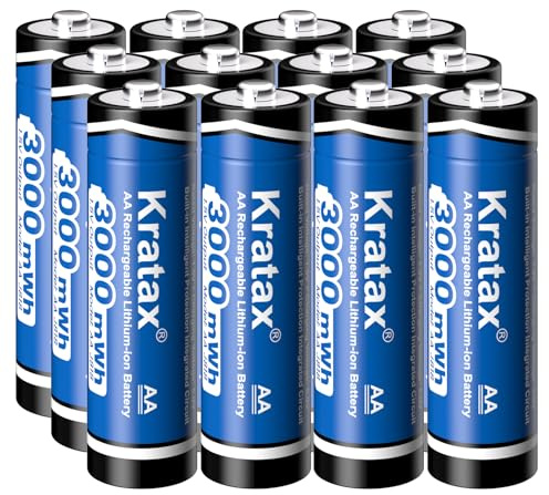 Kratax 1.5V AA Rechargeable Battery 12Pack - 3000mWh High Capacity Constant Output Lithium AA Batteries,1600Cycle Long-Lasting Recharge Li-ion Double A Size, Max 3.8A Discharge- Only Battery