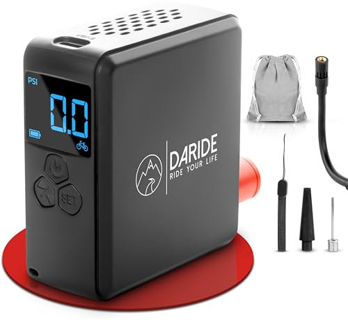 DaRide - Mini Elektrische Fahrradpumpe - Kleine Akku Luftpumpe & Kompressor für Fahrrad, Auto, Motorrad, Bälle, Tubeless | [10,3 Bar] | Tragbarer Minipumpe & Reifendruckprüfer mit LED-Bildschirm