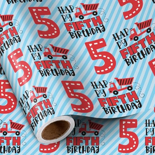 RUSPEPA Geburtstagsgeschenkpapier für Jungen – Minirolle – HAPPY FIFTH BIRTHDAY Streifendesign für Jungengeburtstagspartys und mehr – 43,2 cm x 5 m – 5 Jahre alt