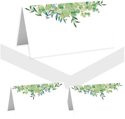 AIZHAZHA 50 Hojas Tarjeta de Mesa de Nombre Plegable, Retro Tarjetas Marcasitios Boda, Cumpleaños Tarjeta de Lugar Verde Hoja Diseño, para Fiesta de Comunión Bautizo Confirmación Baby Shower Navidad