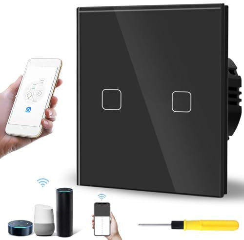 Acmerota WiFi Black Light Switch with Tempered Glass Panel 1-Gang 2-Way 240VAC 5-300W Double Smart Light Smart Switch Compatible for Smart Life APP, for Google Home, for Alexa