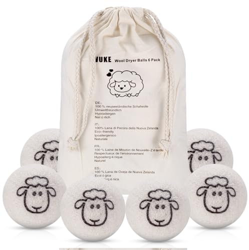 6 Pcs Wool Tumble Dryer Balls for Laundry UK, Wool Dryer Balls for Laundry Fabric Softener & Save Energy & Reduce Wrinkles, New Zealand Sheep Wool Drying Balls for Tumble Dryer, with Storage Bag