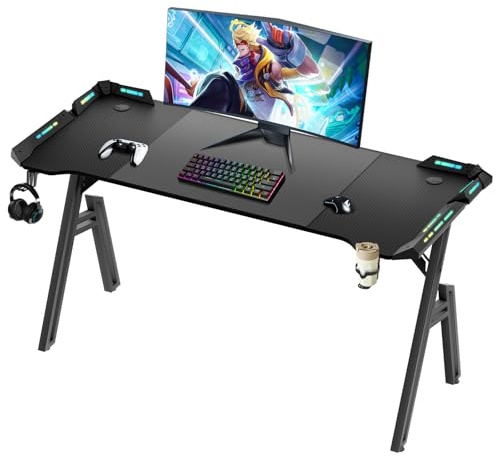 Scrivania Gaming LED，140 x 60cm Scrivania per Computer,Tavolo Gaming Ergonomica con Piano in Carbonio - Scrivania per Computer con Portabicchieri e Ganci per Cuffie, Tavolo Da Gioco PC Gamers