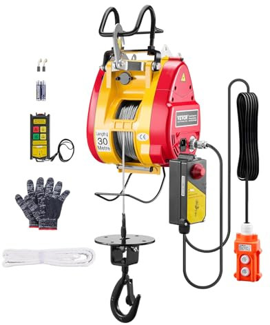 VEVOR Verricello Elettrico, Capacità 500 kg, Verricello Elettrico Portatile 1800 W, Altezza di Sollevamento 30 m, 11 m/min con Telecomando a Filo e Wireless, per Garage Fabbrica Sollevamento Traino