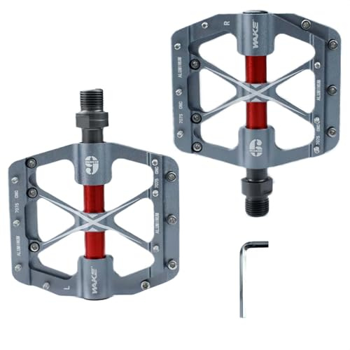 TRKIMAL Road/Mountain Bike Pedals - 3 Bearings Bicycle Pedals - Non-Slip Studs 9/16” CNC Aluminium Alloy Machined Flat Pedals with Removable Anti-Skid Nails (Titanium)
