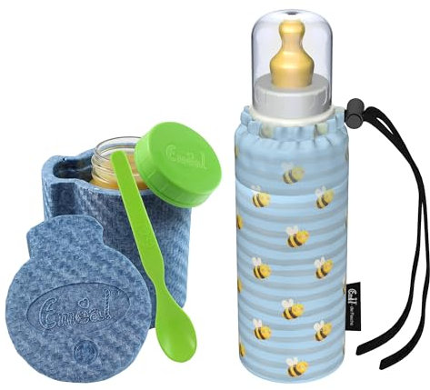Emil Baby-Set – Thermo-Essglas mit Schraubverschluss, Thermobecher & Löffel – Babyflasche aus Glas, BPA-frei & schadstofffrei inkl. Latexsauger (0-6 Monate) & Anti-Kolik-Ventil - Bees