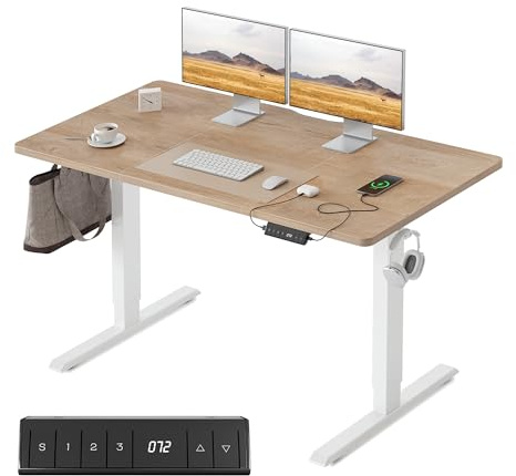 FEZIBO Höhenverstellbarer Schreibtisch mit USB-C&USB-A Ladeanschl 120x60cm | Schreibtisch Höhenverstellbar Elektrisch, 72–118cm Hub, 3 Memory-Funktion, 80kg Tragkraft, Ergonomischer Computertisch, Eiche
