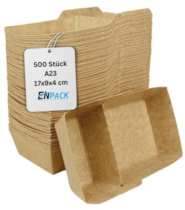 Enpack Snackschale A23 (A7+1) - 50 Snackschalen aus Kraftkarton - Einweg Pommesschalen - Pommes-Frites-Trays - Snack Container - Fingerfood Schiffchen mit 2 Fächer beschichtet - abbaubar 9x17x3,5 cm