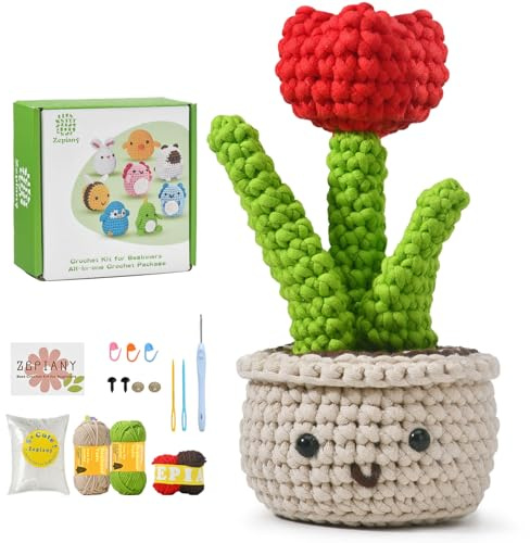 Beginner Crochet Kit,Knitting Kits for Beginners Adults,Beautiful Flowers Amigurumi Kit,Crochet Flower Kit Have Step-by-Step Video Tutorials to How to Crochet Plant,Thank You Gift