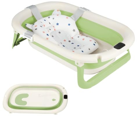 OHMG Babybadewanne mit Badewannenkissen, Babybadewanne, faltbar, mit Digital-Thermometer, ergonomische und platzsparende Babywanne, geeignet für Babys von 0 bis 36 Monaten