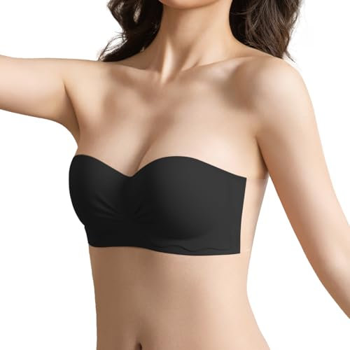 D.DUO Strapless Bras, Adhesive Push up Bras, Backless Bra, Wirefree Non-Slip Invisible Tube Top for Women (Black, D)