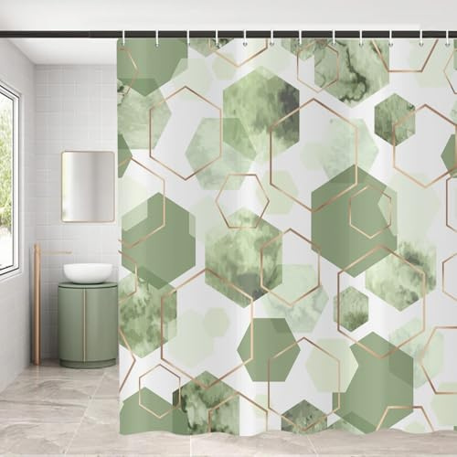 ASDCXZ Salbeigrün Duschvorhang 180x180 cm, Moderne Abstrakt Kunst Geometrisch Salbeigrün Gold Hexagon Muster Wasserdicht Badvorhang Polyester Textil Waschbar Duschvorhänge für Badewanne mit 12 Haken