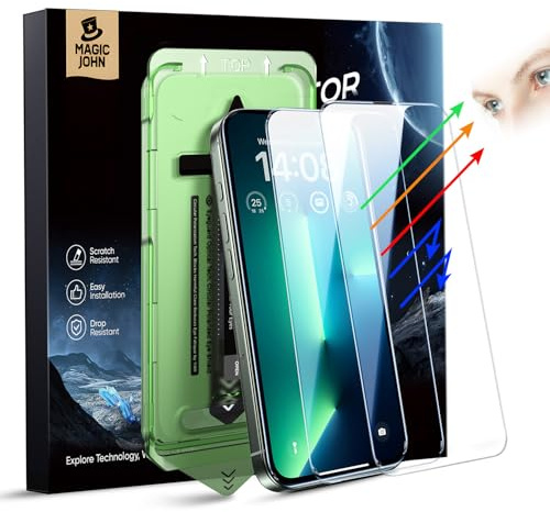 MAGIC JOHN 2 Stück für iPhone 16e/ 14/13/ 13 Pro (6,1 Zoll) Displayschutz Augenschutz Anti-Blaulicht, HD Klar, Auto Dust-Elimination,9H-Gehärtetes Glas & Kratzfest, Vollständige Kantenabdeckung