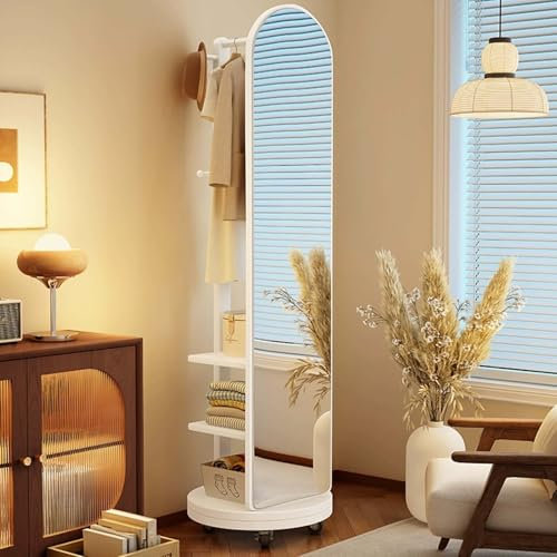 Specchio a Figura Intera con Appendiabiti, Specchi da Terra con Ruote Girevoli, Girevole a 360° e 3 Livelli Stoccaggio, Specchio a Corpo Intero per Soggiorno, Camera da Letto