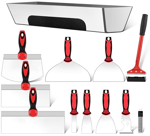 12PCS Drywall Tools Set - Stainless Steel Putty Kit with 1-8 Knives, 8-10 Taping Knife, 6.5 Bucket Scoop, 8-in-1 Painter Scraper, 12 Mud Pan, 13 Floor Scraper Blade with 4 Replacement Blades