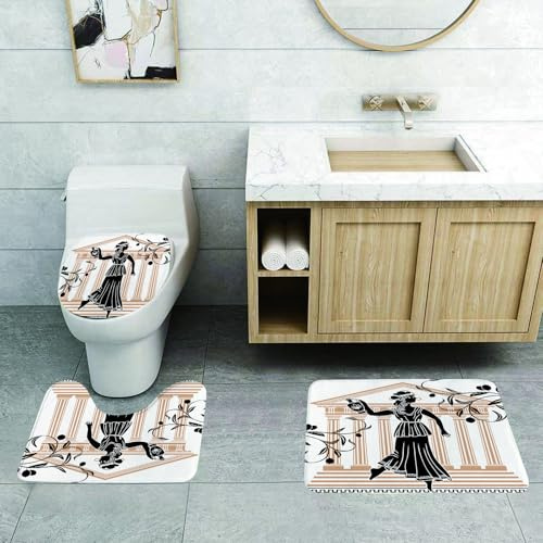 QRFASFZO Non Slip 3 Pieces Bath Mats and Toilet Mat Set Super Water Absorbent Bath Rug Shaggy Shower Floor Mats for Bathroom,Toga Party, Greek women with Amphora architecture and olive branches cult