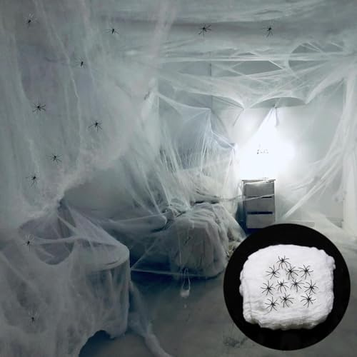 LYARCHTE 1000 sqft Spider Webs Halloween Decorations with 50 Extra Fake Spiders, Super Stretch Cobwebs for Halloween Indoor and Outdoor Party Supplies Haunted House Window Decor