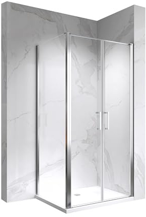 Moments of Glass Eckduschkabine Lara 80x90x180 cm – 6mm ESG Sicherheitsglas mit Nano-Beschichtung | 2 Pendeltüren mit Hebe-Senk-Mechanismus | Edelstahlgriffe & Metallscharniere | Chrom Profile