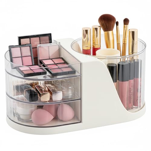 Makeup Organiser with 360° Rotating Makeup Brush Holder, White Cosmetic Display Case and 2 Drawers, Detachable Skincare Organiser, Large Capacity Cosmetics Storage Box for Dresser, Bedroom, Bathroom