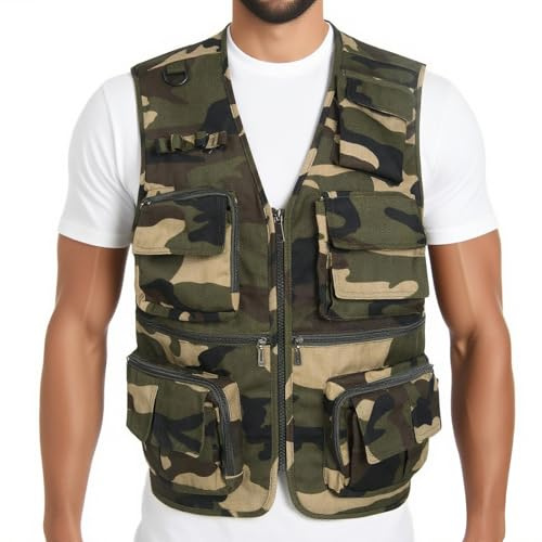 LISUHEPEAL Men’s Fishing Vest Summer Outdoor Work Safari Travel Photo Vest with Multi Pockets (818-Camouflage, XS)