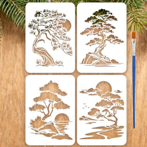 FINGERINSPIRE 4Pz Stencil per Pittura di Paesaggi e Pini con Pennello, Stencils Riutilizzabile a Forma di Albero di Pino Modello di Stencil con Motivo a Uccello e Sole per Lavori Artigianali Fai da Te