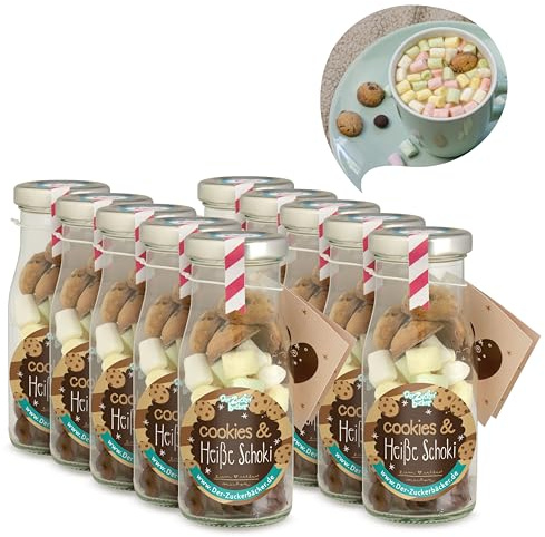 DIY Cookie Heiße Schoki 10er Set – Schoko-Geschenkbox mit Marshmallows, Zartbitter-Drops & Cookies im Glas – Winter-Mitbringsel, Geschenk für Weihnachten & süßes DIY Erlebnis für Freunde & Familie