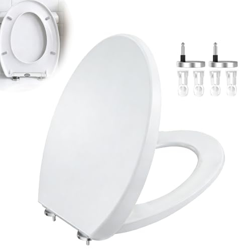 Soft Close Toilet Seat,O-Shape Quick Release for Easy Cleaning,Top Fixing with Adjustable Stainless Hinges, Universal Toilet Seat White, Plastic Toilet Lid Oval Shaped,White